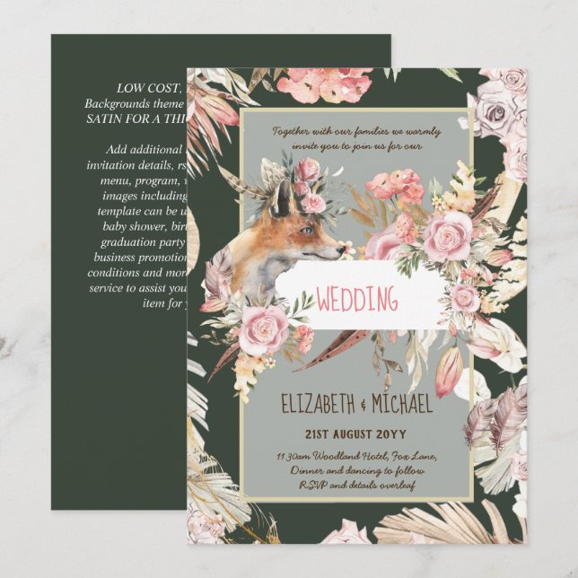Convites BUDGET Boho Woodland FOX Floral Wedn Moderno (Frente/Verso)