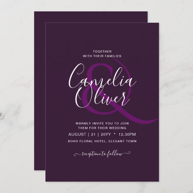 Convites BUDGET Casamento PLUM PURPLE Monocromo Simples (Frente/Verso)
