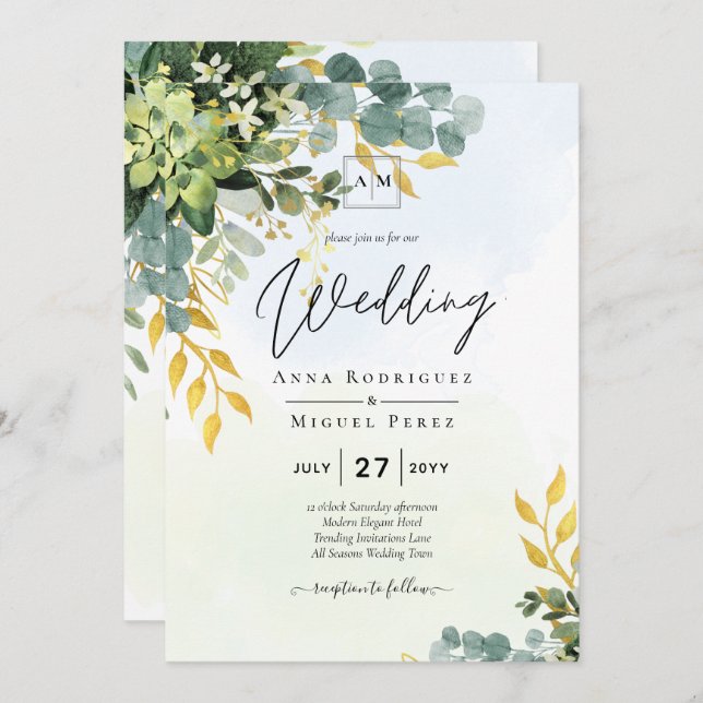 Convites BUDGET Greenery Dourado Eucalyptus deixa casamento (Frente/Verso)
