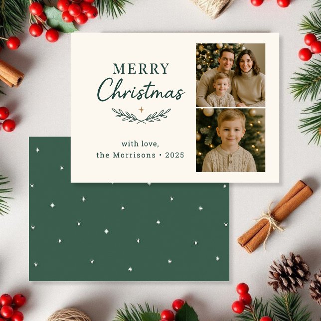 Convites Budget Merry Christmas Two Photo Holiday Flat Card (Criador carregado)