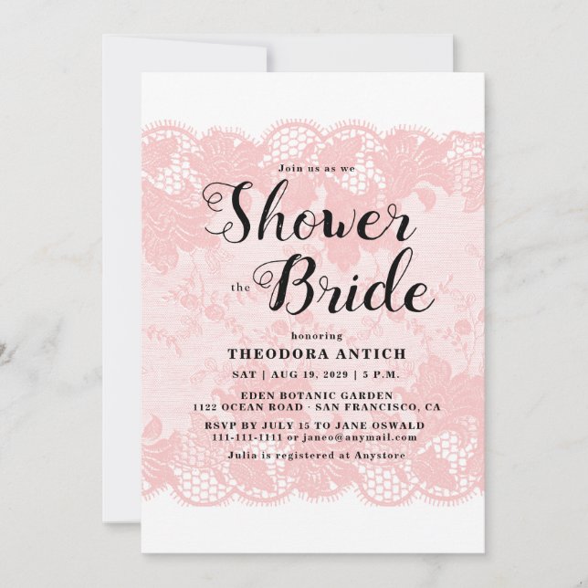 Convites Budget Pink Lace Bridal Shower Invitation (Frente)