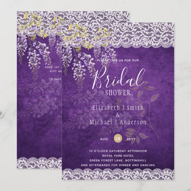 Convites BUDGET Wisteria Floral Lace CHÁ DE PANELA INVITE (Frente/Verso)