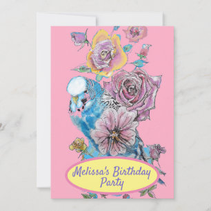 Convites Budgie Blue Bird Aniversário Crianças Meninas Rosa