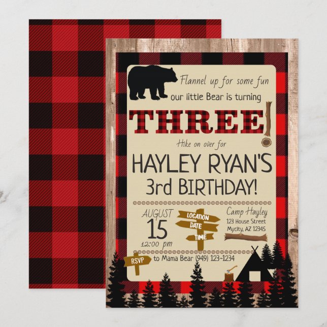 Convites Buffalo Check Flannel Little Bear aniversário de 3 (Frente/Verso)