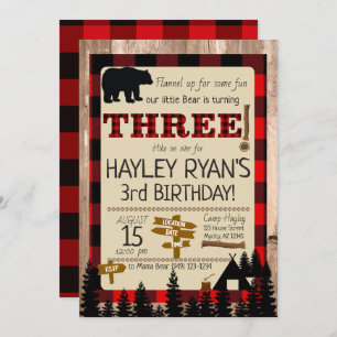 Convites Buffalo Check Flannel Little Bear aniversário de 3
