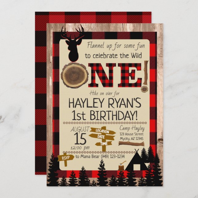 Convites Buffalo Check Flannel Wild One Deer primeiro anive (Frente/Verso)