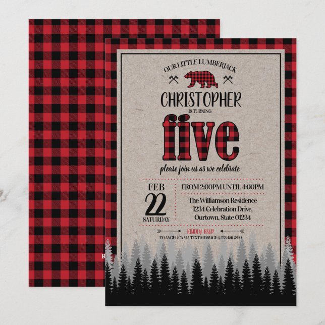Convites Buffalo Check Lumberjack Boy's 5 Birthday (Frente/Verso)