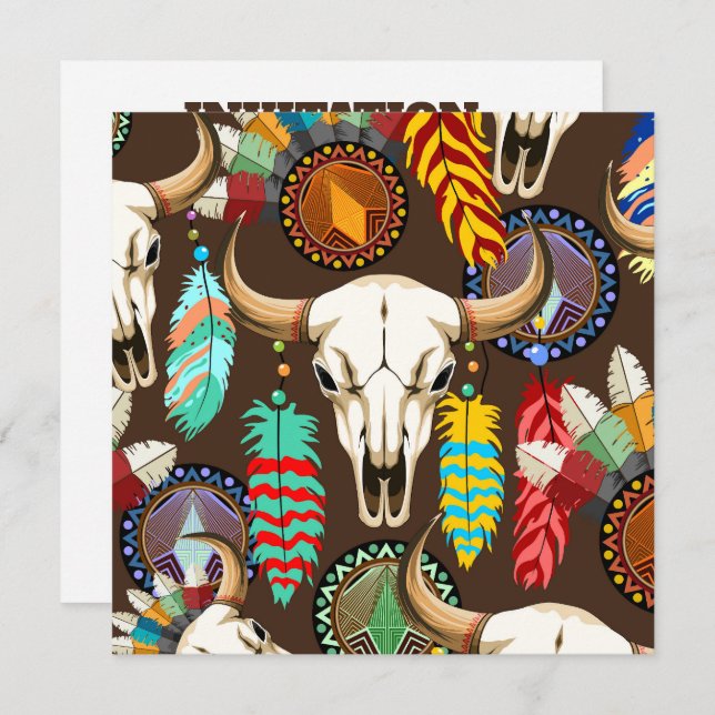 Convites Buffalo Skull Native American Emblem (Frente/Verso)