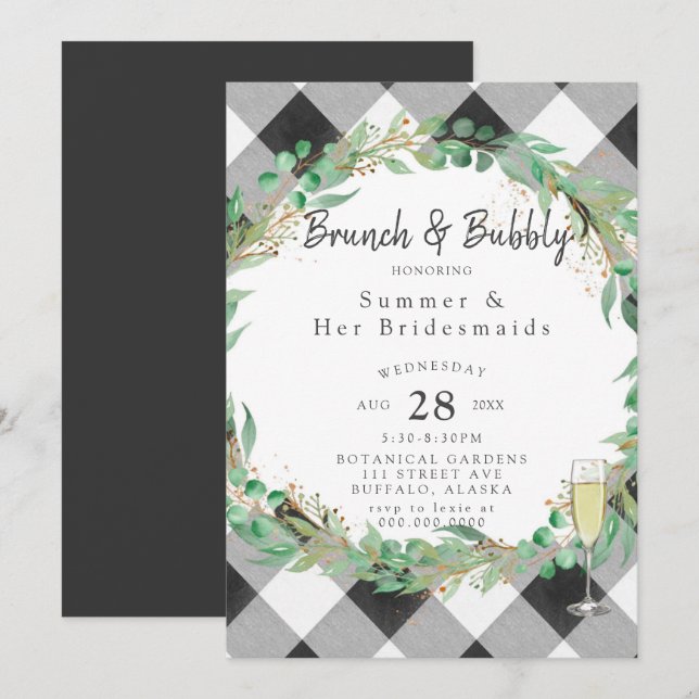 Convites Buffalo Xadrez Wreath Dourada Bridesmaids Luncheon (Frente/Verso)