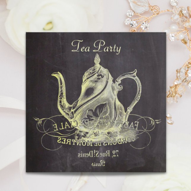 Convites bule de chá country francês festa de chá em quadro (french country teapot chalkboard tea party invitation)