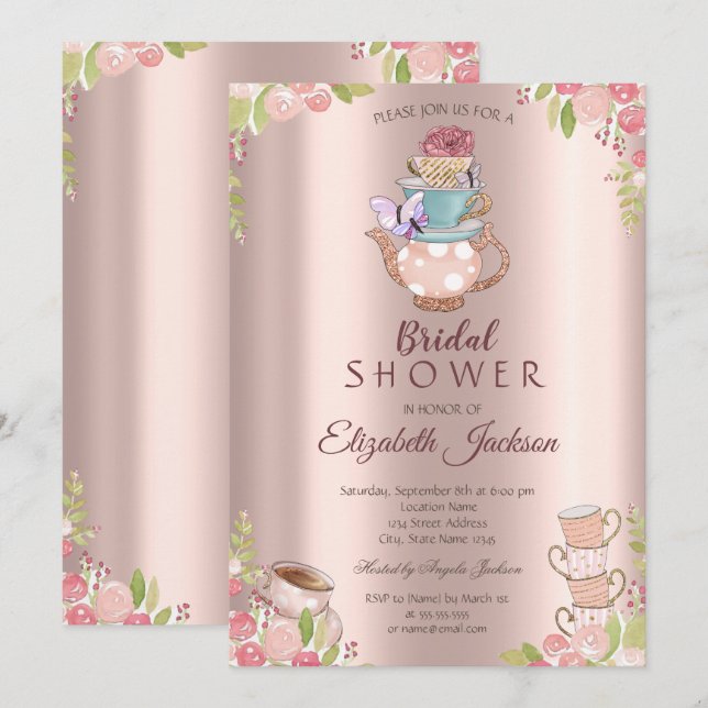 Convites Bule de chá de flores de aquarela em rosa dourado  (Frente/Verso)