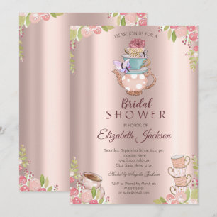 Convites Bule de chá de flores de aquarela em rosa dourado