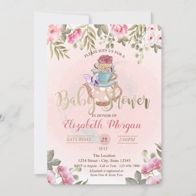 Convites Bule de Chá de Flores em Aquarela  Chá de Bebê (Frente)