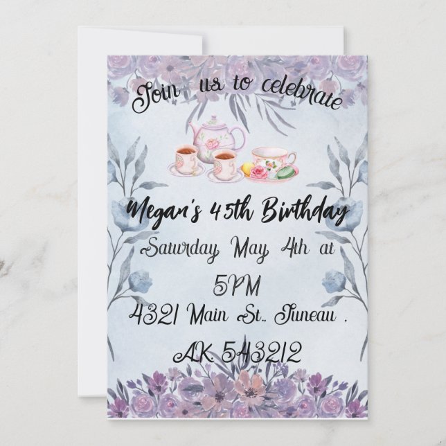 Convites Bule de chá de lavanda flores aniversário (Frente)
