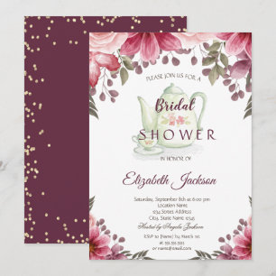 Convites Bule de chá em diamantes dourados floral burgundy