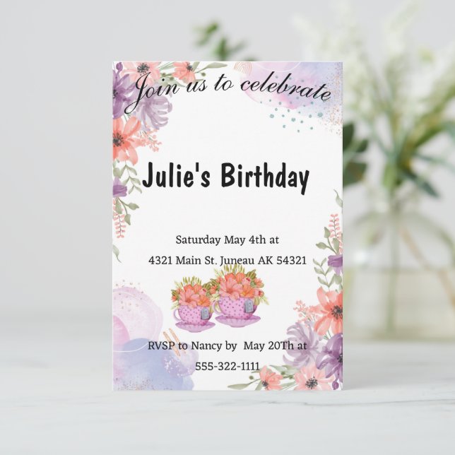 Convites Bule de chá floral lavanda aniversário  (Em pé/Frente)