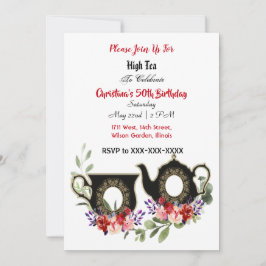 Convites Bule Negro Floral Tarde Alta Chá 50 Aniversário