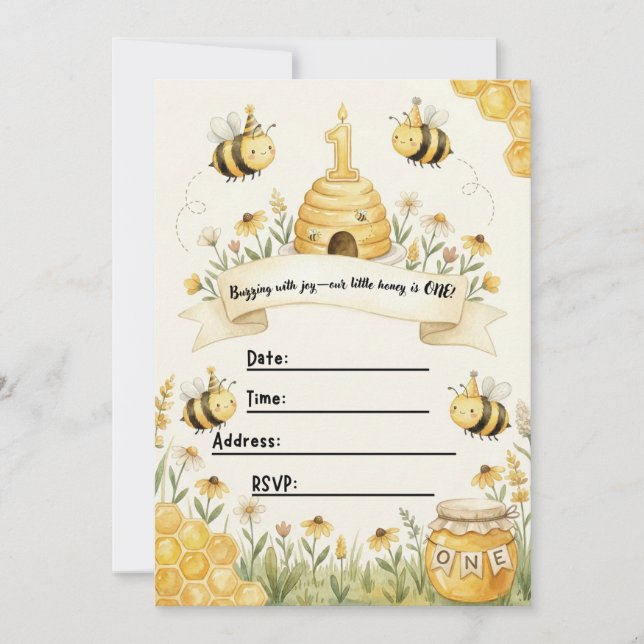Convites Bumble Bee 1st Birthday Invitation  (Frente)