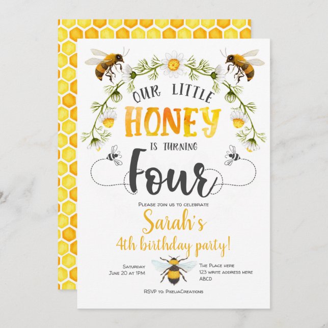 Convites Bumble Bee. Querida, Bee, 4 anos (Frente/Verso)