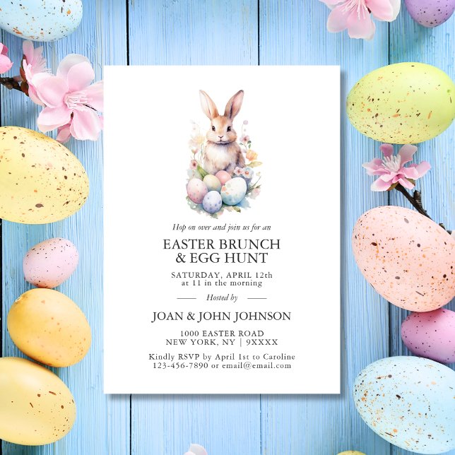 Convites BUNCH & HUNT - Páscoa de Ovos de Coelho d'Água (Bunny Watercolor Eggs Easter BRUNCH & HUNT Invitation)