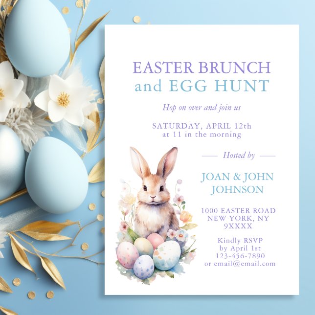 Convites BUNCH & HUNT - Páscoa de Ovos de Coelho d'Água (Bunny Watercolor Eggs Easter BRUNCH & HUNT Invitation)