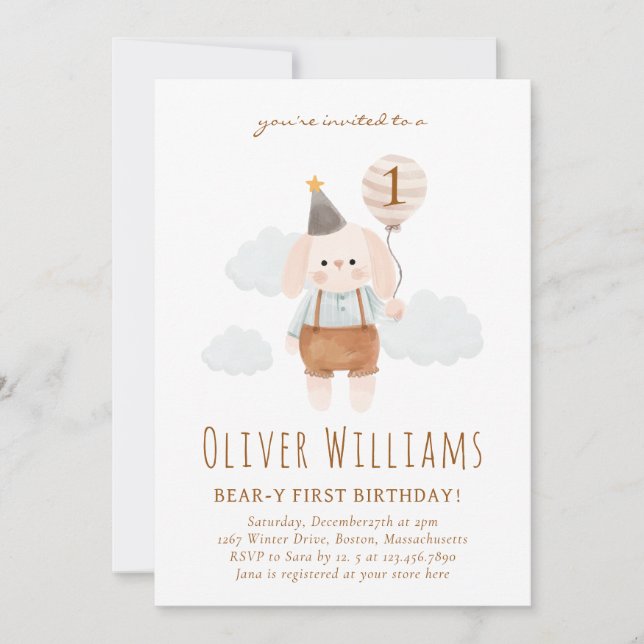 Convites bunny 1st birthday blue balloon (Frente)