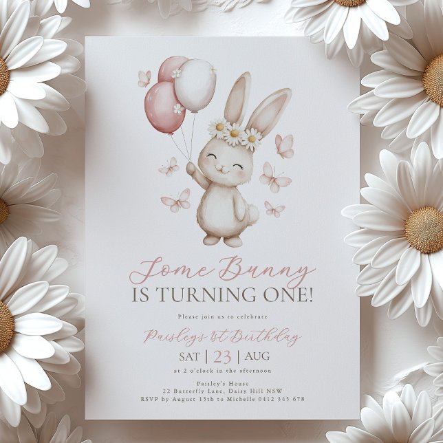 Convites Bunny 1st Birthday Daisy Balloon Butterfly (Some Bunny is 1! 1st Birthday Invitation with bunny, daisies, butterflies and balloons)