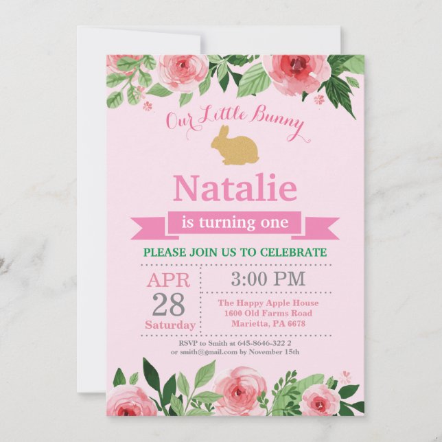 Convites Bunny Birthday Girl Easter Egg 1rua Primeiro Anive (Frente)