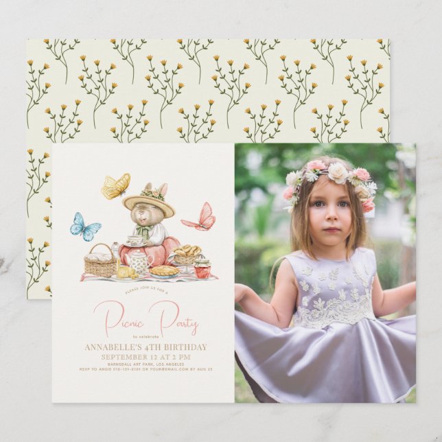 Convites Bunny & Butterflies Picnic Tea Party Birthday Phot (Frente/Verso)