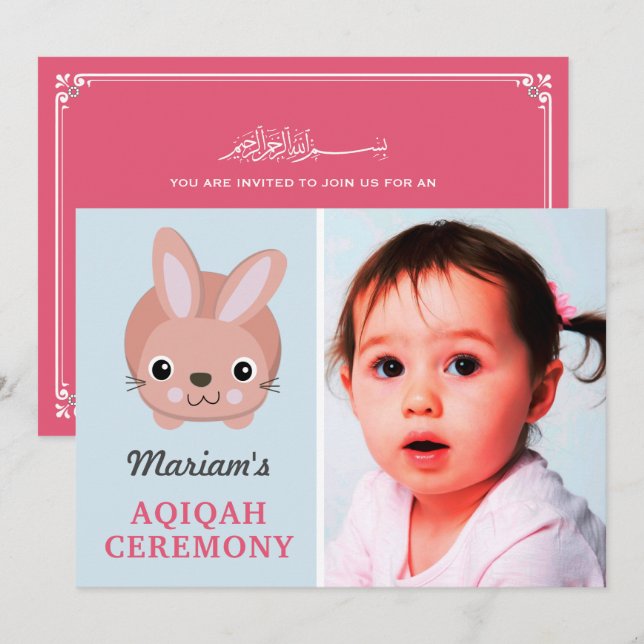 Convites Bunny Cor-de-Rosa Fofinho Foto Aqiqah Menina (Frente/Verso)