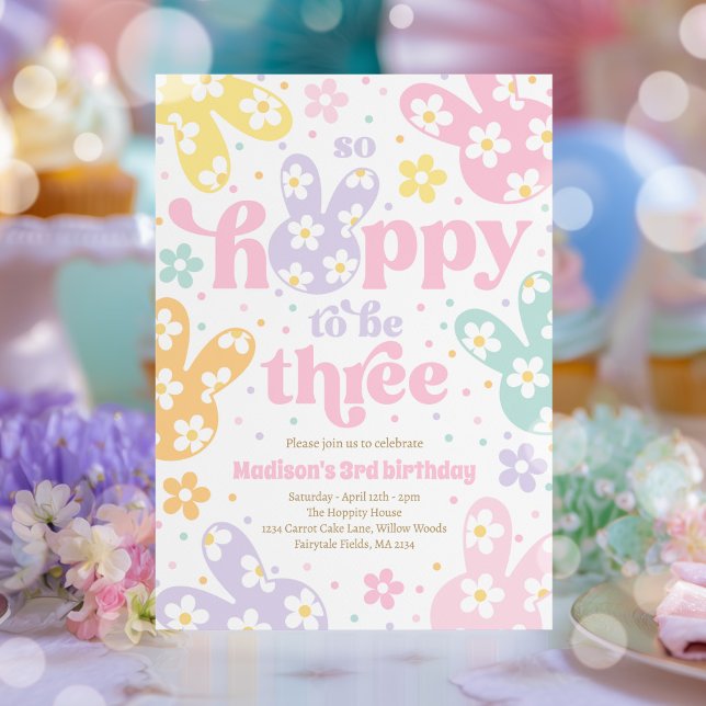 Convites Bunny Daisy Floral Pastel Spring 3rd Birthday (Criador carregado)