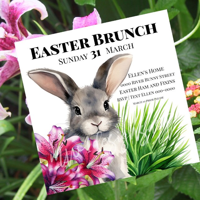 Convites Bunny e Stargazer Lily para Páscoa (Easter bunny and stargazer lily on customizable Easter Brunch party invitations for Good Friday. )