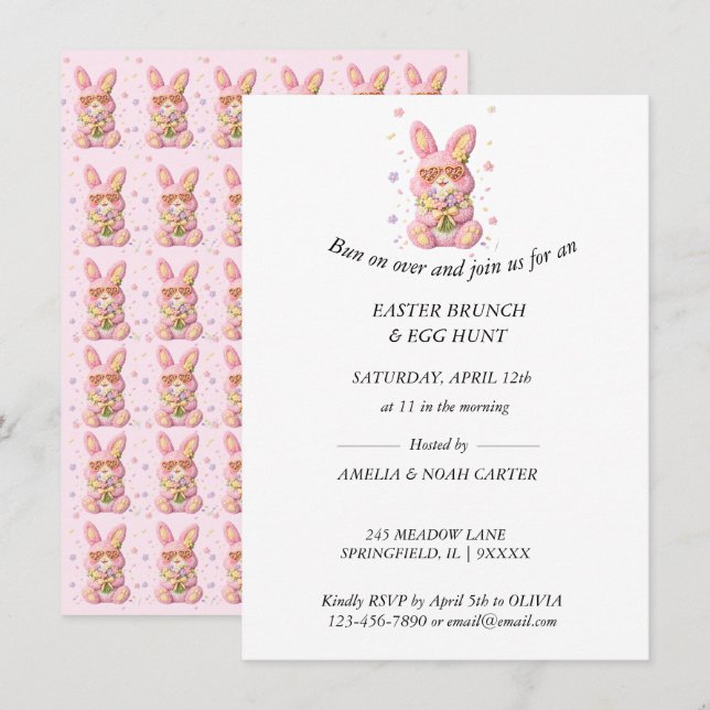 Convites Bunny Embroidered Easter BRUNCH & HUNT (Frente/Verso)