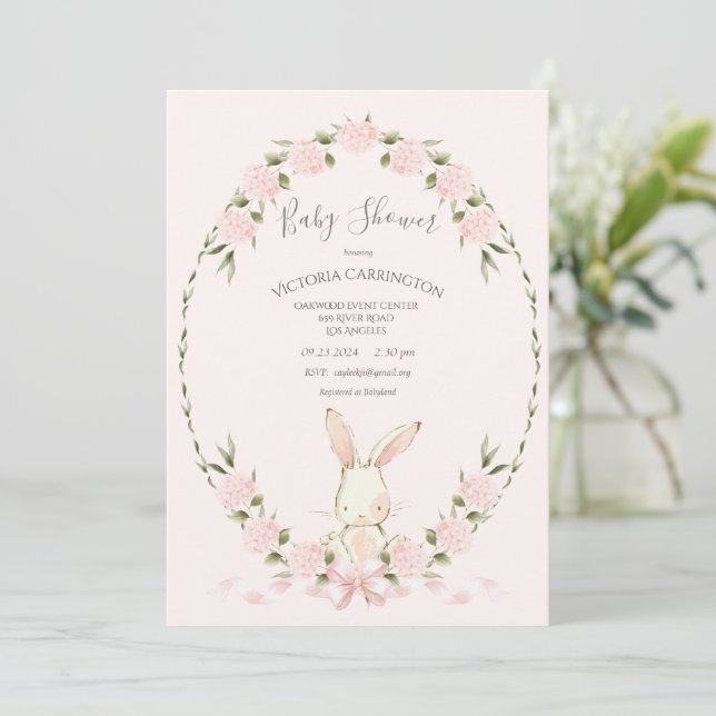 Convites Bunny Floral Hydrangeas Pink Girl Baby Shower (Em pé/Frente)