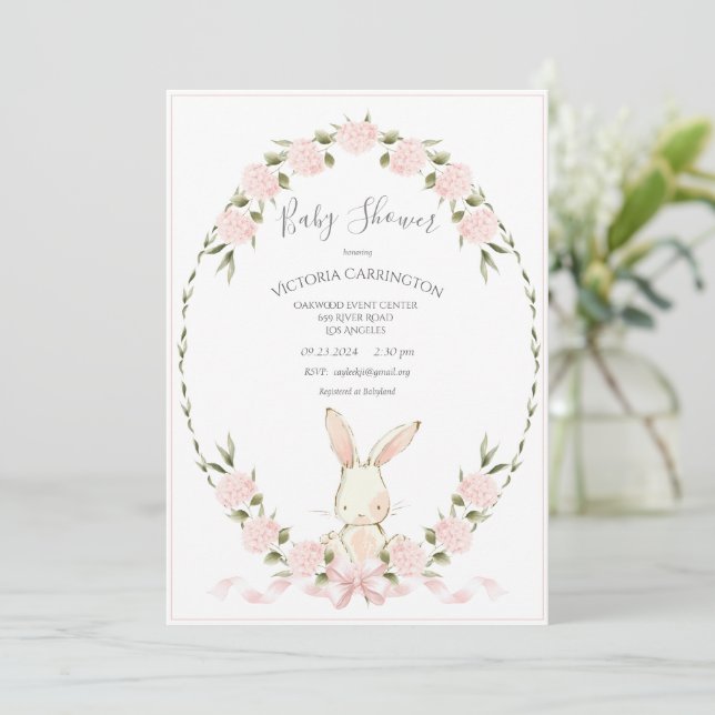Convites Bunny Floral Hydrangeas Pink Girl Baby Shower (Em pé/Frente)