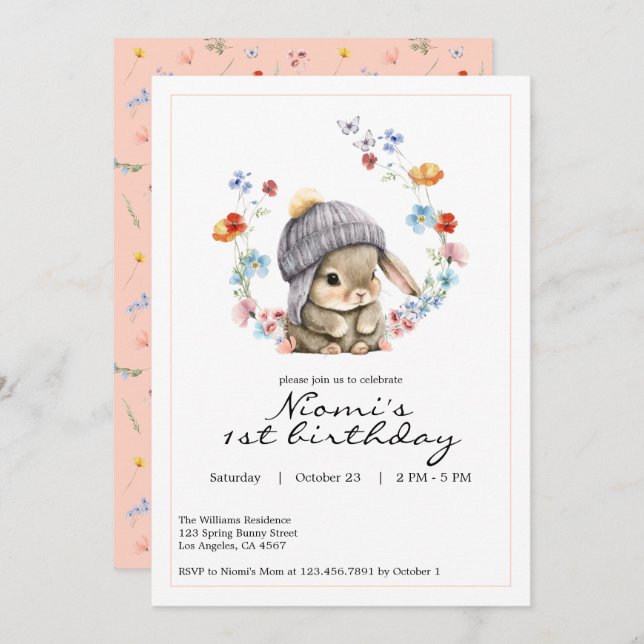 Convites Bunny Garden First Birthday Invitation (Frente/Verso)