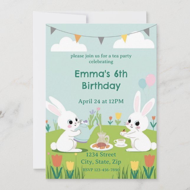 Convites Bunny Tea Party Birthday Invitation | Cute Rabbits (Frente)