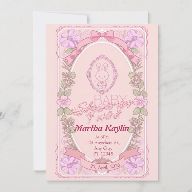 Convites Bunny Twin Baby Shower Invitation (Frente)