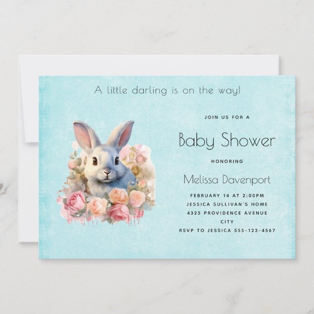 Convites Bunny with a Garland of Roses Cute Baby Shower (Frente)
