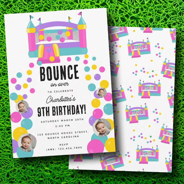 Convites Bunt House Jumping Castle Girls Foto Aniversário (Bounce House Jumping Castle Girls Photo Birthday Invitation)