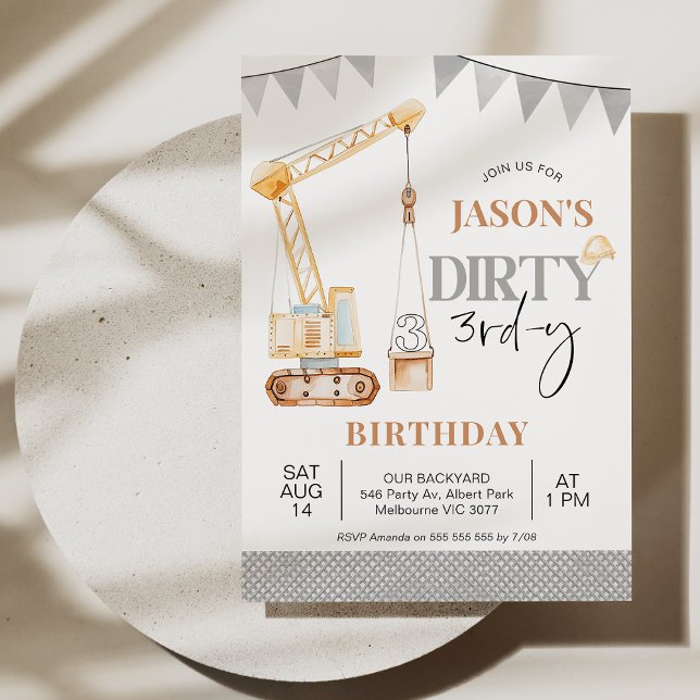 Convites Bunting Yellow Construction Dirty 3rd y Birthday (Boys Construction Dirty 3rd-y Birthday Invitation Template, Editable Crane 3rd Birthday Invitation)