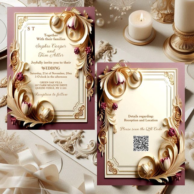 Convites Búpula de Morango Opulência Dourada de marfim Casa (Soft Mulberry Baroque Opulence Ivory Gold Tulip Wedding Invitation)