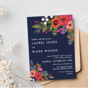 Convites Buquê Boêmio - Casamento Azul Marinho e Coral