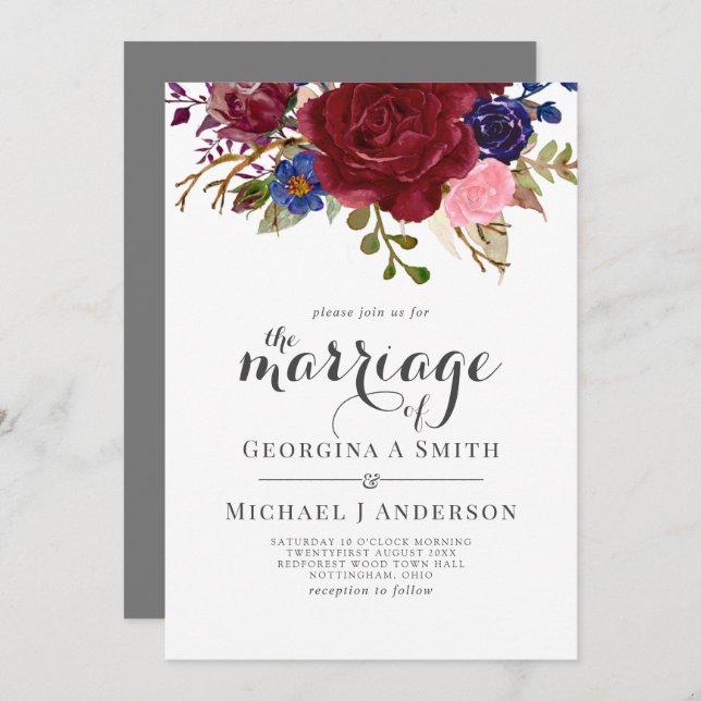 Convites Buquê Borgonha Azul-Rosa Flores SEMANAIS (Frente/Verso)