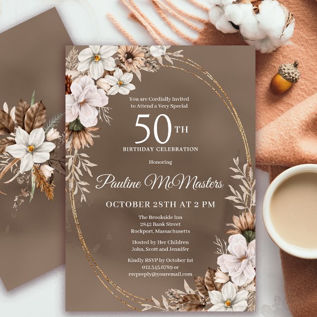 Convites Buquê Branco Floral Neutro Queda 50º Aniversário (Need a matching fall Welcome Sign? Message me! Party supplies available too!)