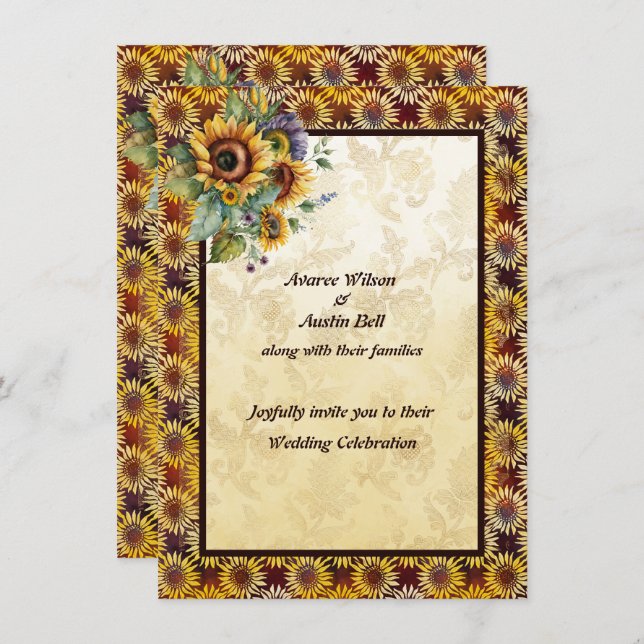 Convites Buquê Castanho Dourado (Frente/Verso)