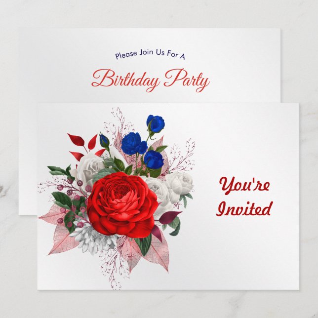 Convites Buquê de Aniversário Rosa Patriótica (Frente/Verso)