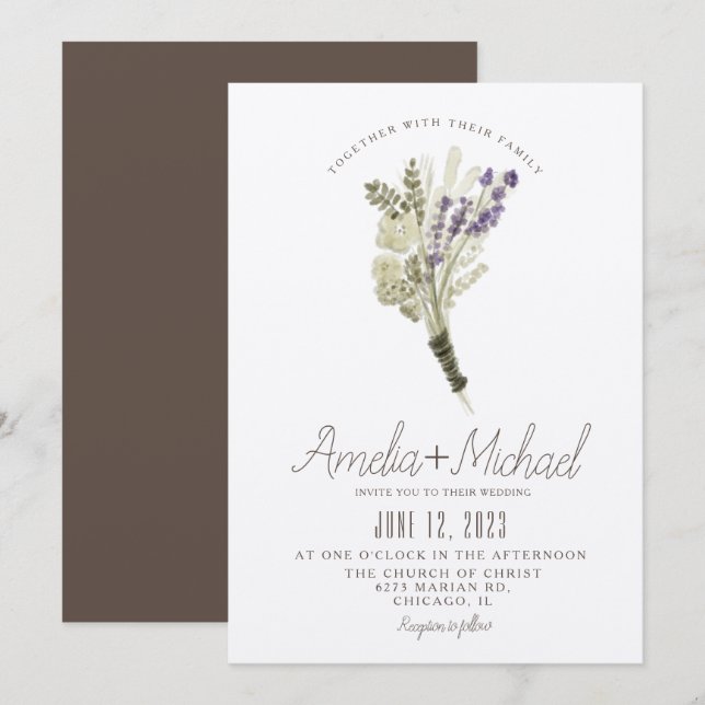 Convites Buquê de Aquarela de Lavanda Ecológico Casamento (Frente/Verso)
