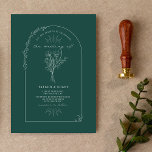 Convites Buquê de Arte de Linha Casamento Esmeralda<br><div class="desc">Ilustração do buquê com borda de arco botânico de arte de linha. O fundo é a cor verde esmeralda.</div>