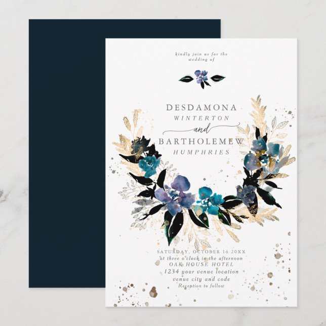 Convites Buquê de Casamento Floral Azul (Frente/Verso)
